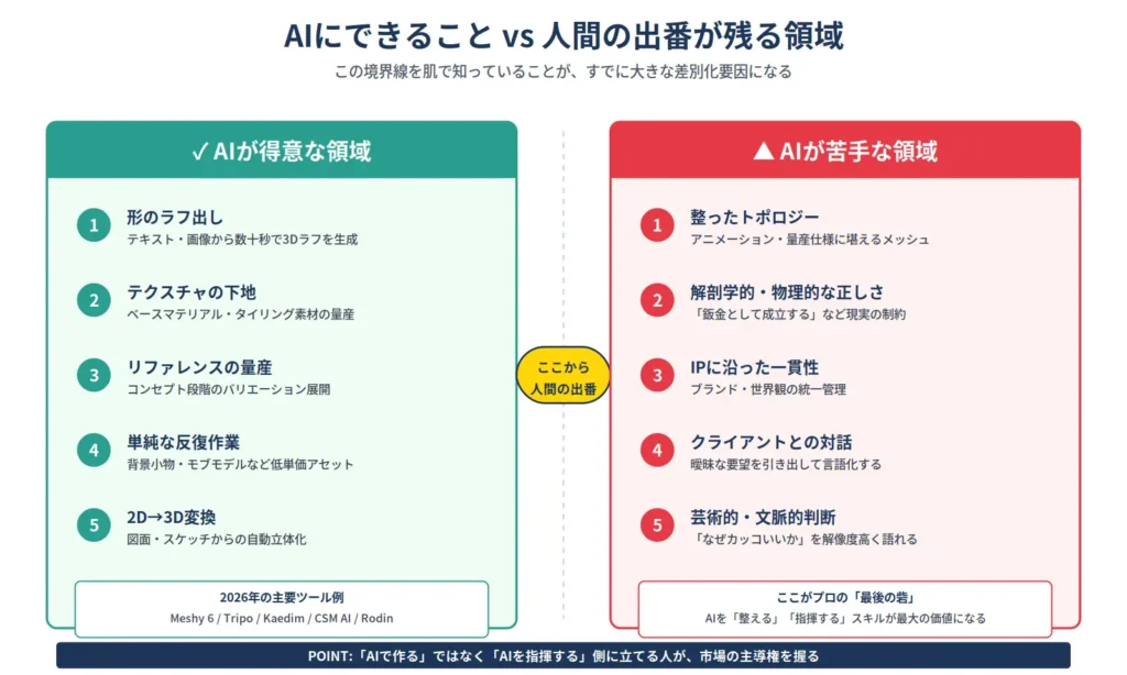 AIにできることと人間の出番が残る領域を比較した図。AIの得意領域(形のラフ出し・テクスチャ下地・リファレンス量産)と、AIが苦手な領域(整ったトポロジー・解剖学的正しさ・IP一貫性・クライアント対話)を整理