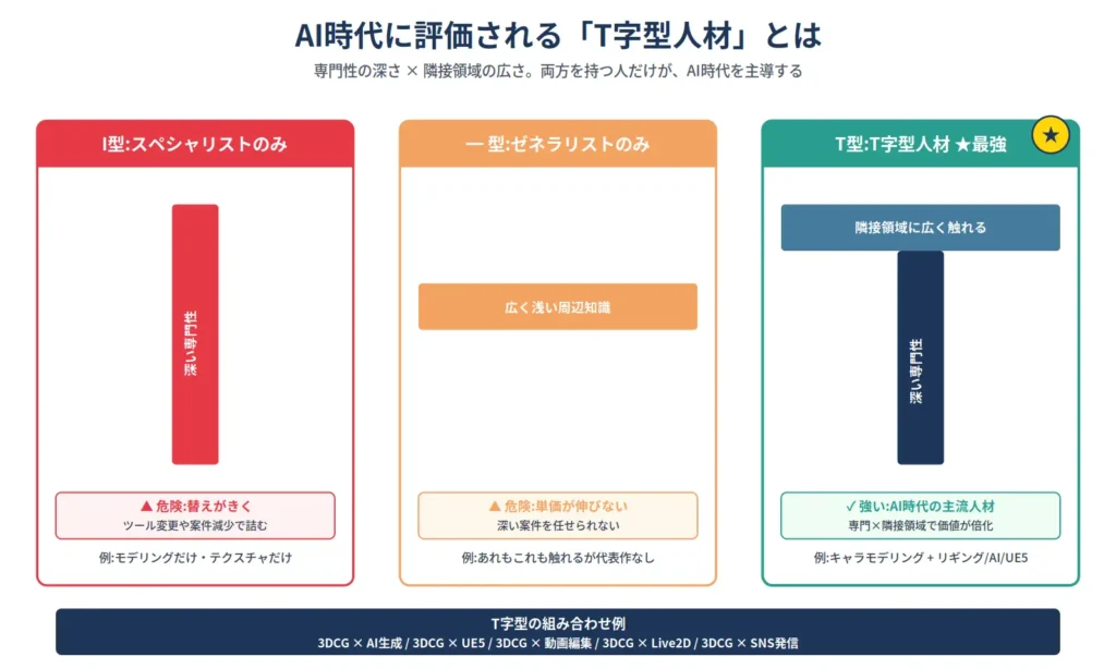 AI時代に評価されるT字型人材を解説する図。I型(専門性のみ)・━型(広く浅いゼネラリスト)・T型(深い専門+広い隣接領域)を比較し、T字型こそAI時代の主流人材であることを示す3パネル構成