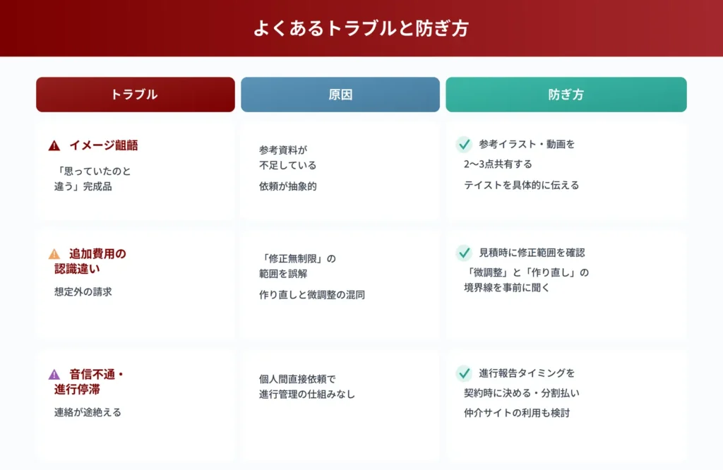 Live2Dモデル依頼で起こりやすいイメージ齟齬・修正費用の認識違い・音信不通トラブルと対策のマトリクス図解